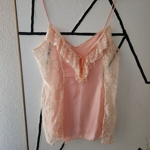 Shirley of Hollywood Vintage Peach Lace Ruffle Satin Cami Top Size Large